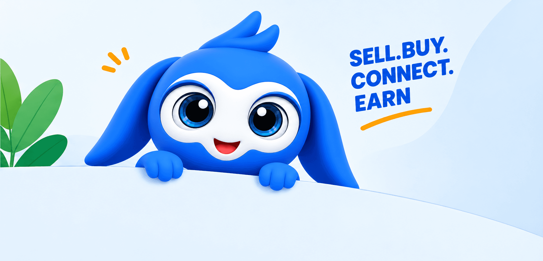 Mosak Hub mascot waving, with the tagline Sell, Buy, Connect, Earn